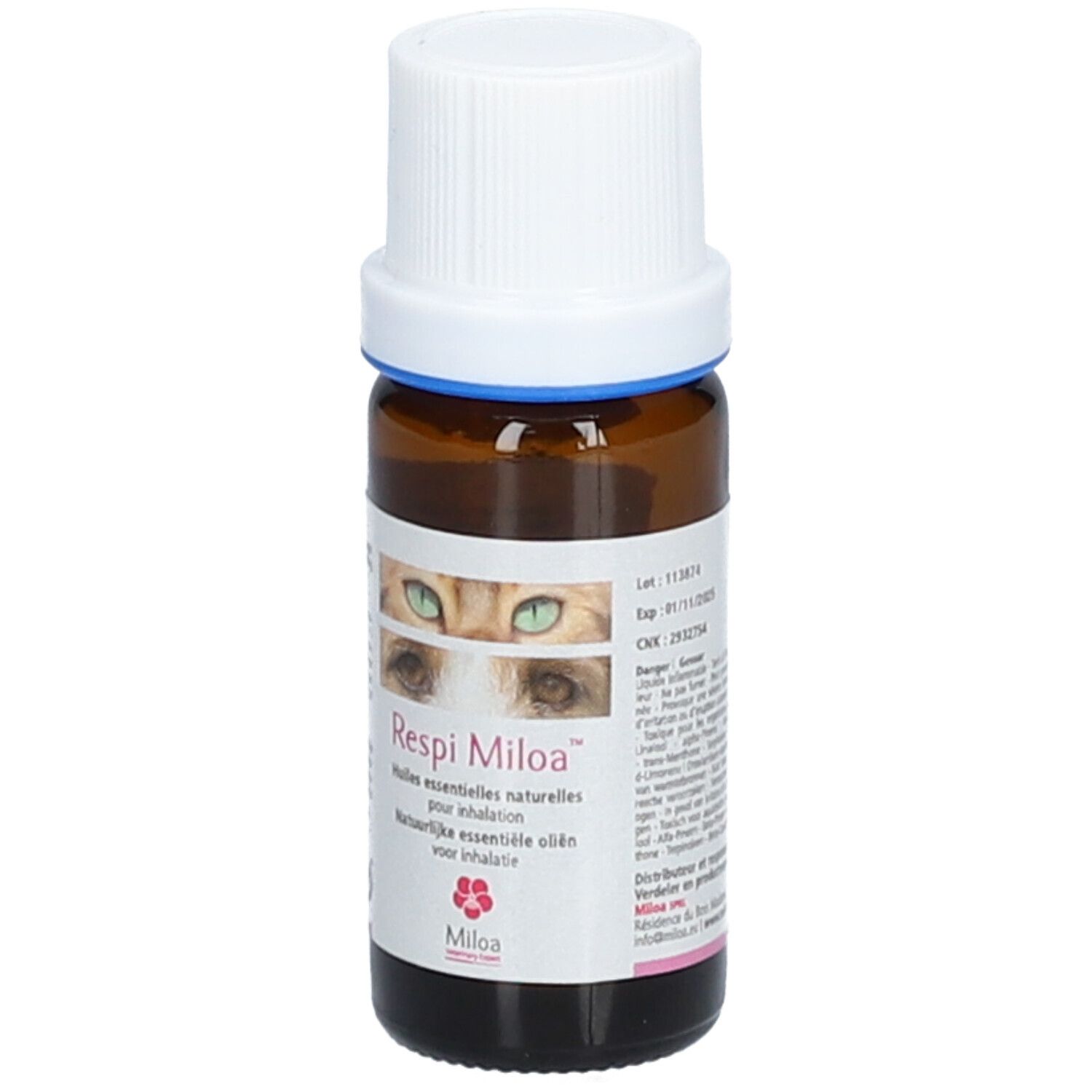 Flacon en verre brun avec bouchon blanc. Étiquette avec nom du produit Respi Miloa et image d'yeux. 10 ml.