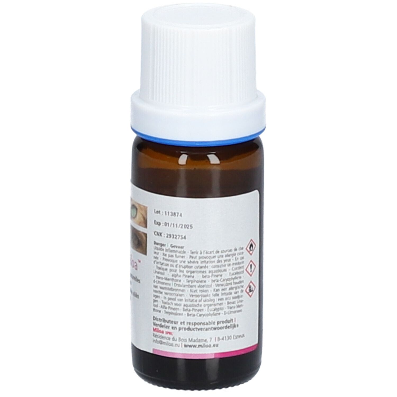 Flacon en verre brun avec bouchon blanc. Étiquette avec texte, symboles de danger et image d'yeux. 10 ml.