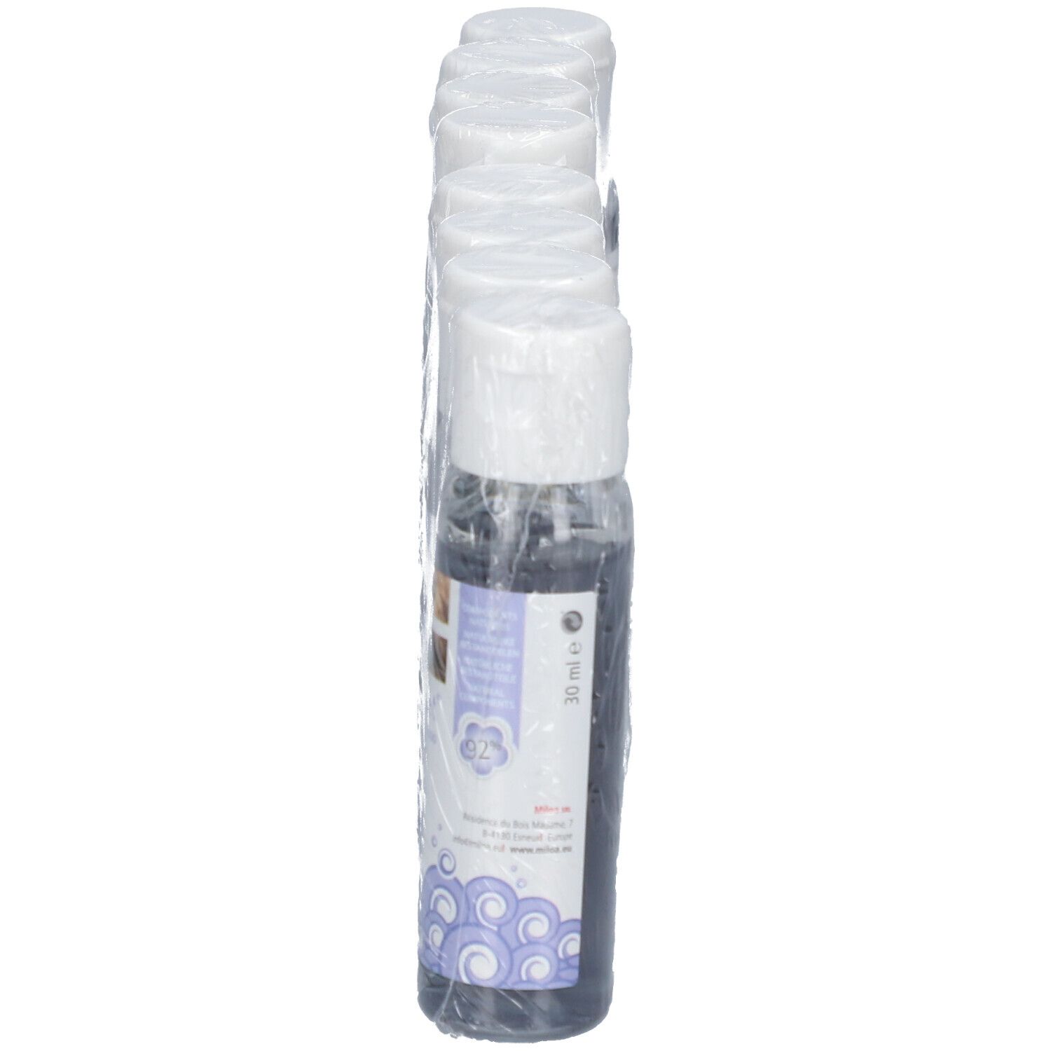 Sechs Flaschen Miloa Ultra Sweet™ in Folie verpackt. Seitenansicht der Flaschen mit Etiketten.