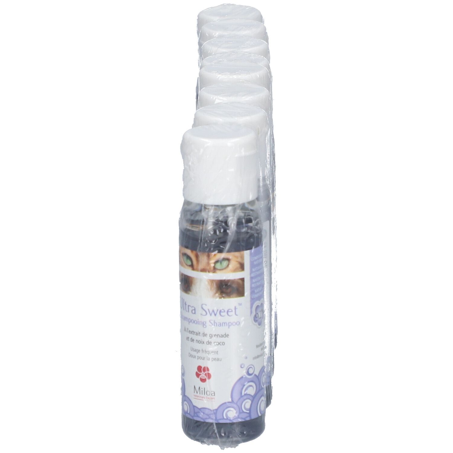 Sechs Flaschen Miloa Ultra Sweet™ in Folie verpackt. Seitenansicht der Flaschen mit Etiketten.