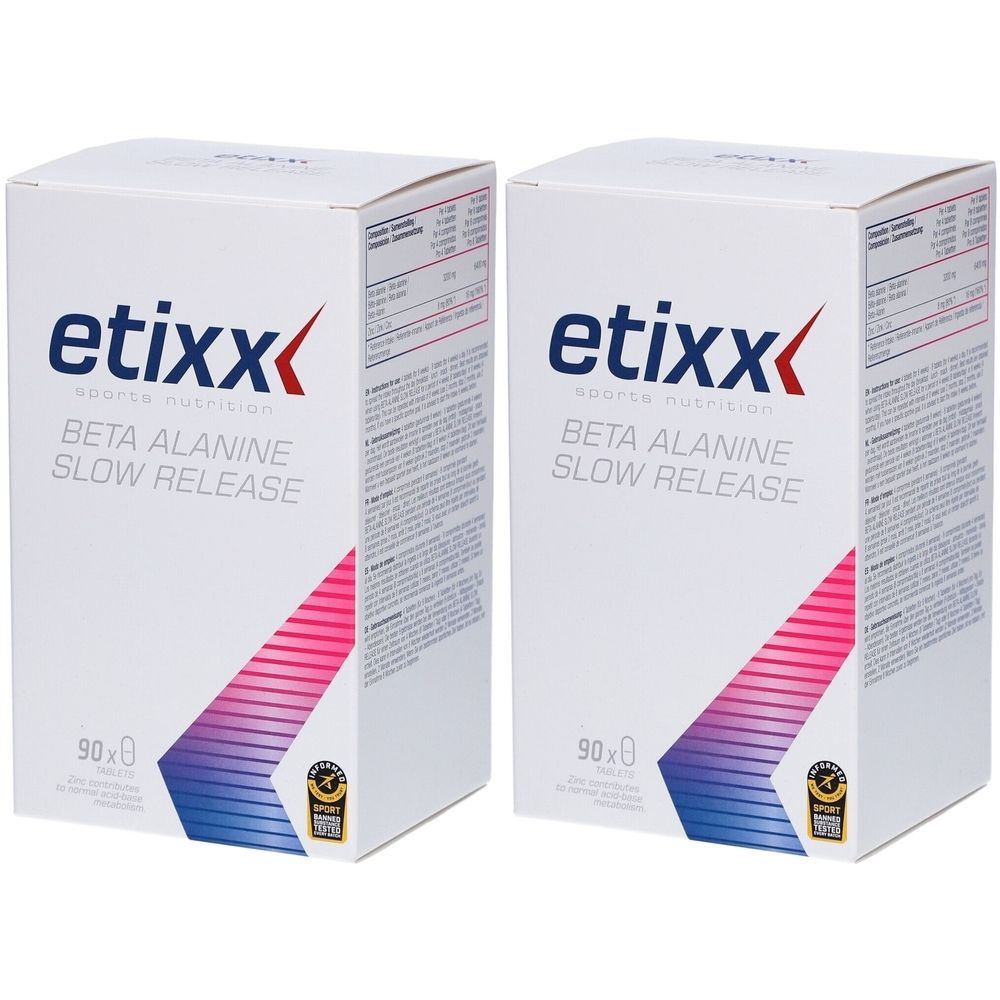 Zwei weiße Kartons mit der Aufschrift "etixx Beta Alanine Slow Release". Aufdrucke: 90x0 Tabletten und ein Qualitätssiegel.