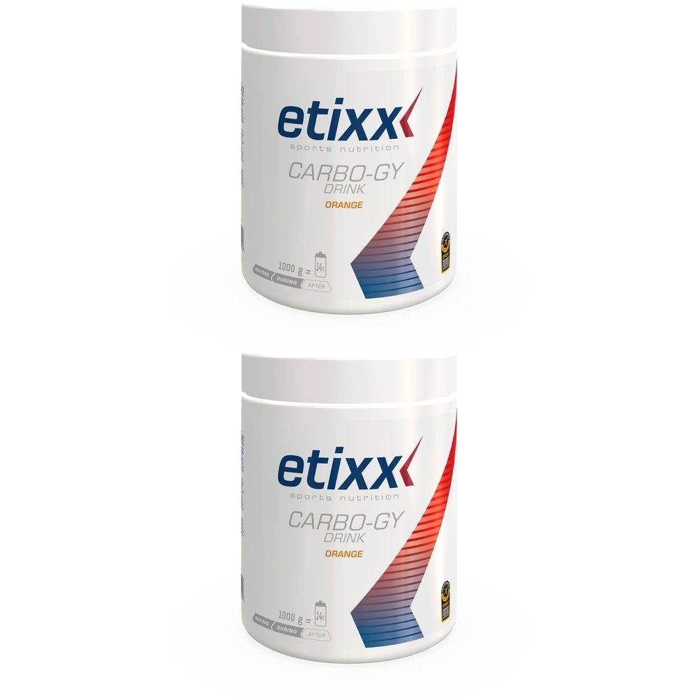 Zwei weiße Dosen mit Etixx-Logo und Aufschrift Carbo-GY Drink Orange. Roter und blauer Streifen auf der Seite.