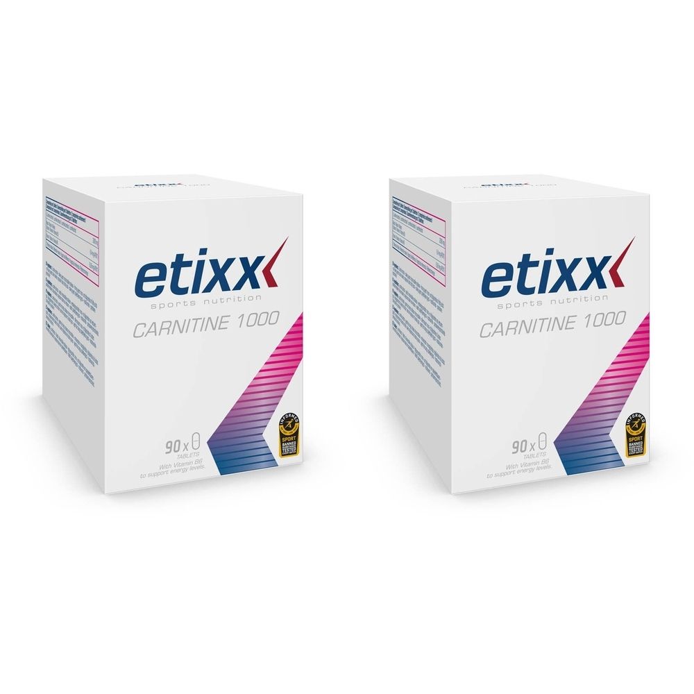Deux boîtes blanches Etixx Endurance Carnitine 1000. Inscription 90x0. Logo et nom du produit clairement visibles.