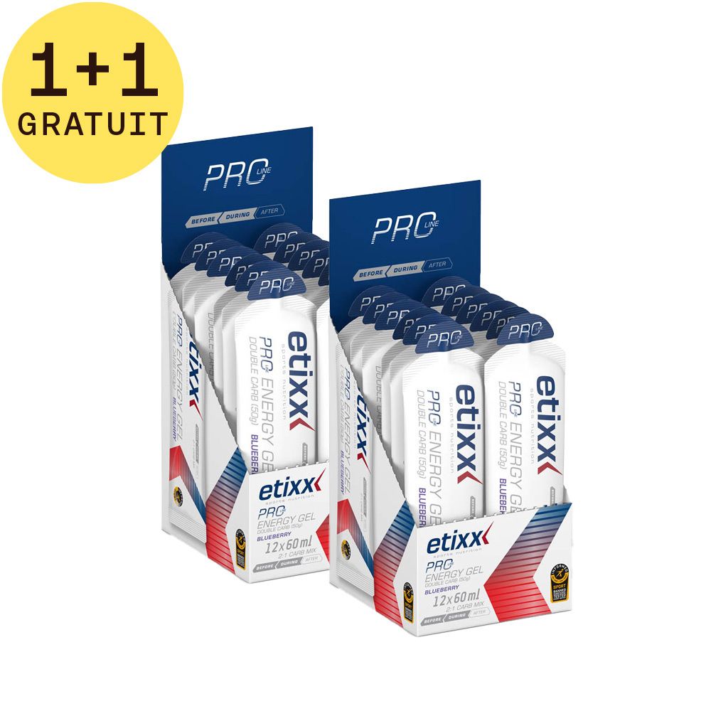 Deux présentoirs de gel énergétique etixx PRO LINE. Inscription : 1+1 GRATUIT. Accents bleus et rouges.