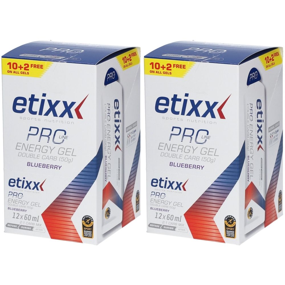 Zwei Kartons mit etixx PRO LINE Energy Gel. Blaue und rote Akzente. Aufschrift: 10+2 gratis.