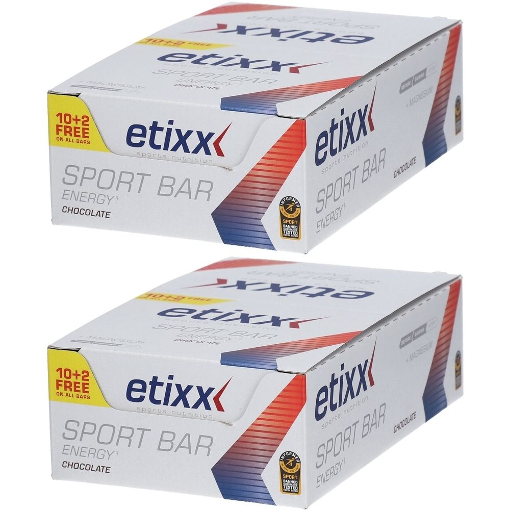 Zwei Kartons mit Sportriegeln. Aufdruck: etixx Sport Bar, Energy, Schokolade. Mit Magnesium. 10+2 gratis.