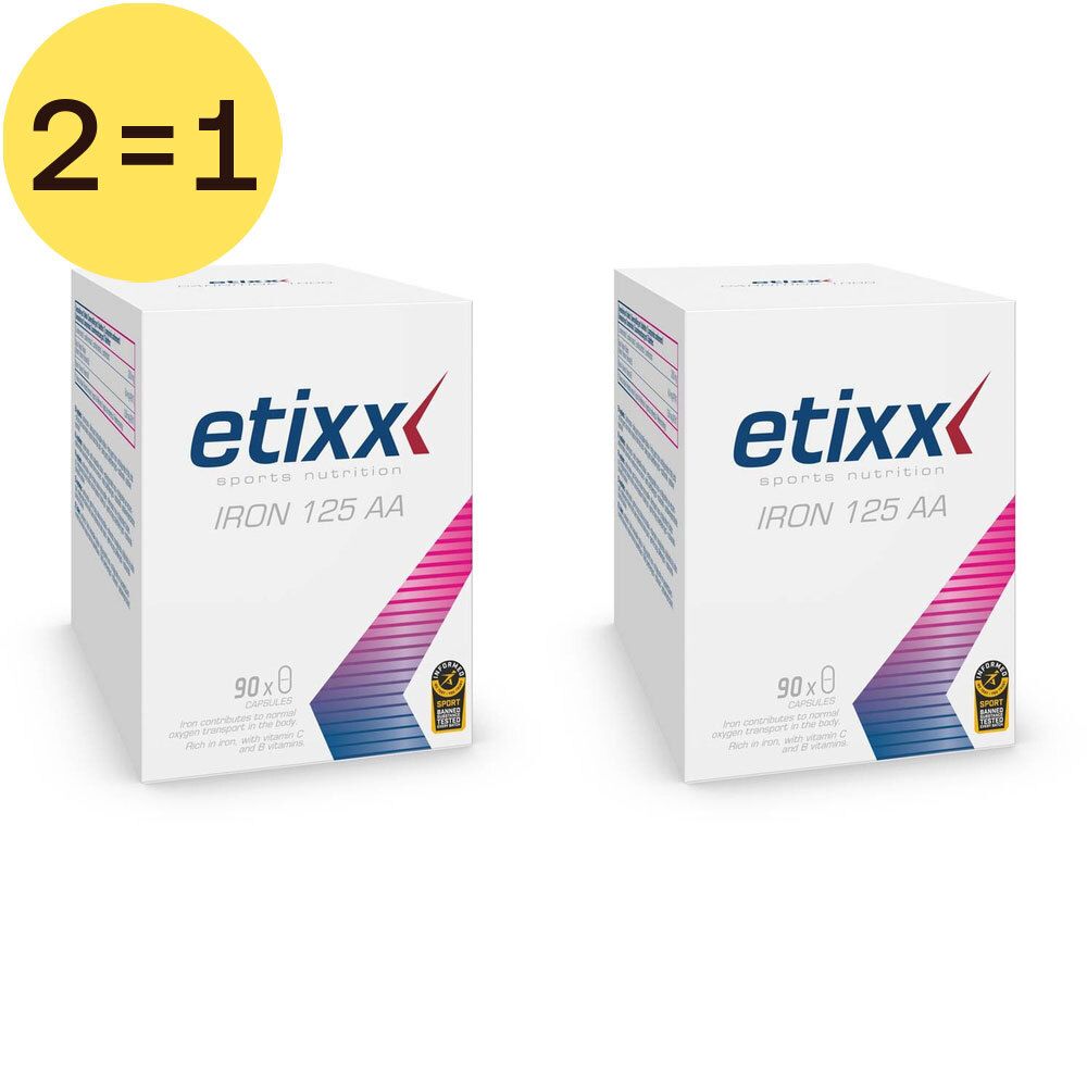 Deux boîtes blanches Etixx avec logo rouge et texte IRON 125 AA. Cercle jaune avec "2=1".