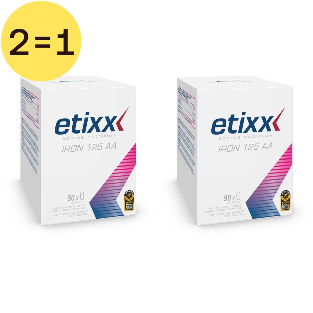 Zwei weiße Etixx-Boxen mit rotem Logo und Schriftzug IRON 125 AA. Gelber Kreis mit "2=1".