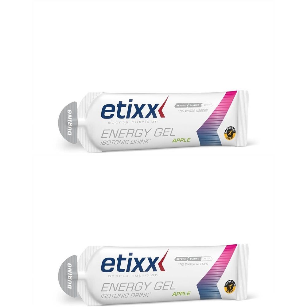 Zwei weiße Beutel mit dem Logo von etixx. Aufschrift: Energy Gel, Isotonic Drink, Apfel. Rosa und violette Akzente.