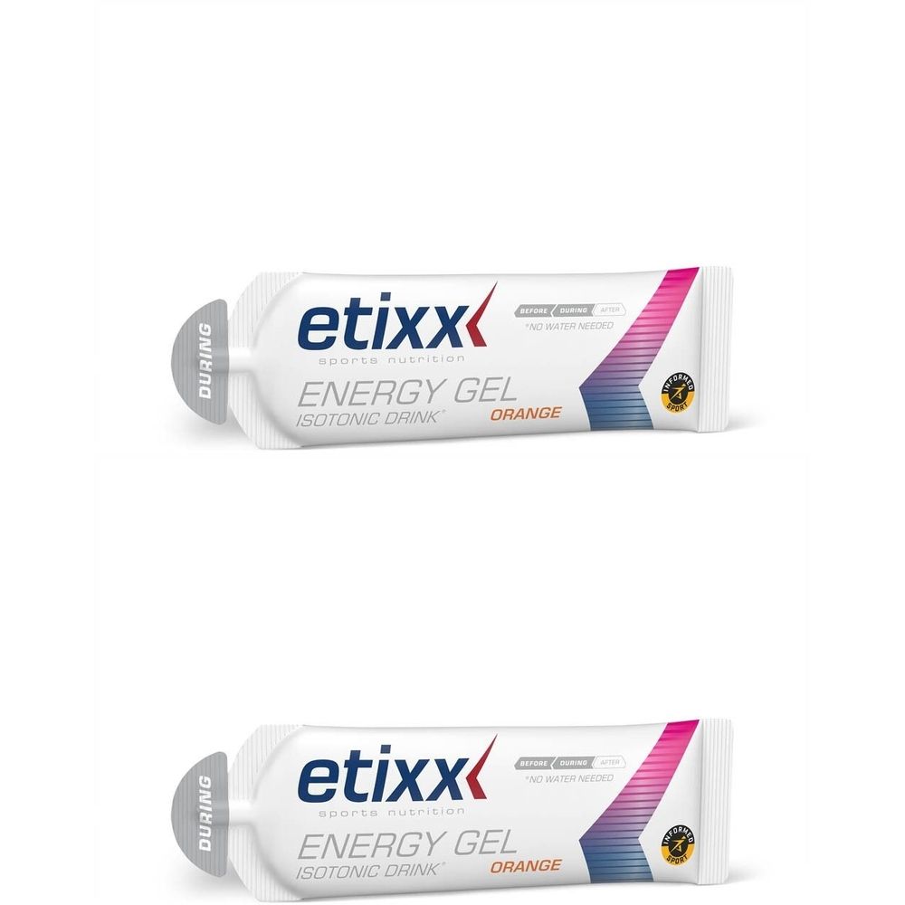 Zwei weiße Beutel mit der Aufschrift "etixx Energy Gel Orange". Rosa und blaue Akzente. Isotonisches Getränk.