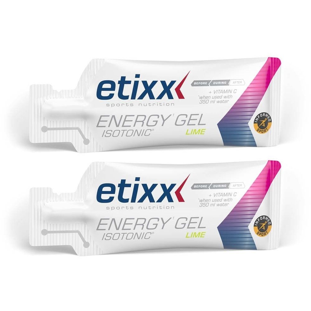Deux sachets de gel énergétique blancs. Inscription : etixx, Energy Gel Isotonic, Lime. Contient de la vitamine C. Design bleu et rose.