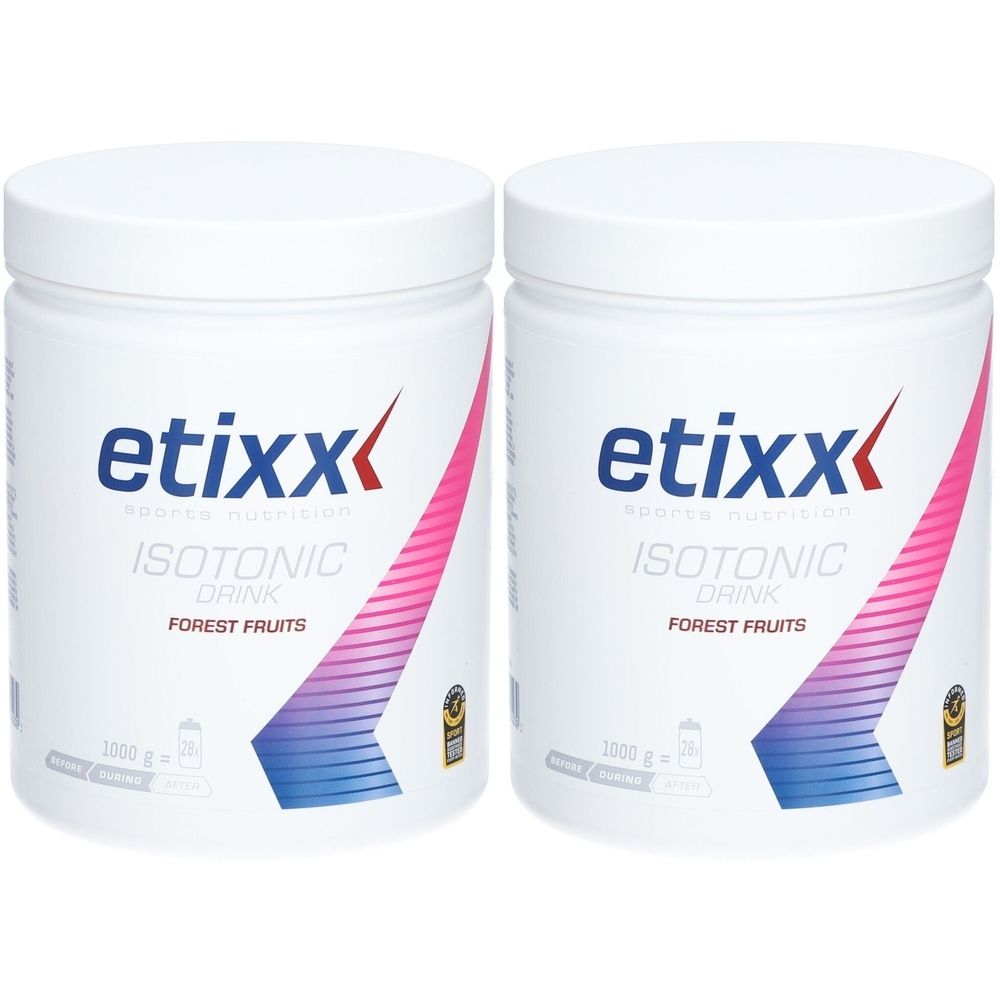 Deux pots blancs avec couvercles. Inscription: etixx ISOTONIC DRINK Forest Fruits. Graphique rose et bleu. 1000g.
