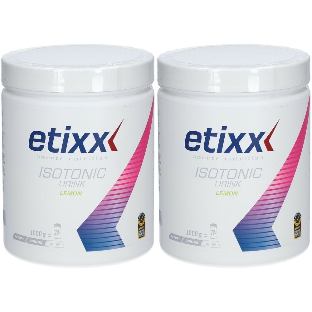 Deux pots blancs avec couvercles. Inscription: etixx, ISOTONIC DRINK, Lemon. Bandes diagonales roses et bleues. Sceau.