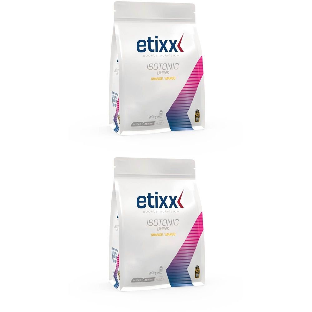 Zwei Beutel Etixx Isotonic Drink. Weiß, mit Logo und Produktbezeichnung. Aufschrift: Mango-Orange. 280g.