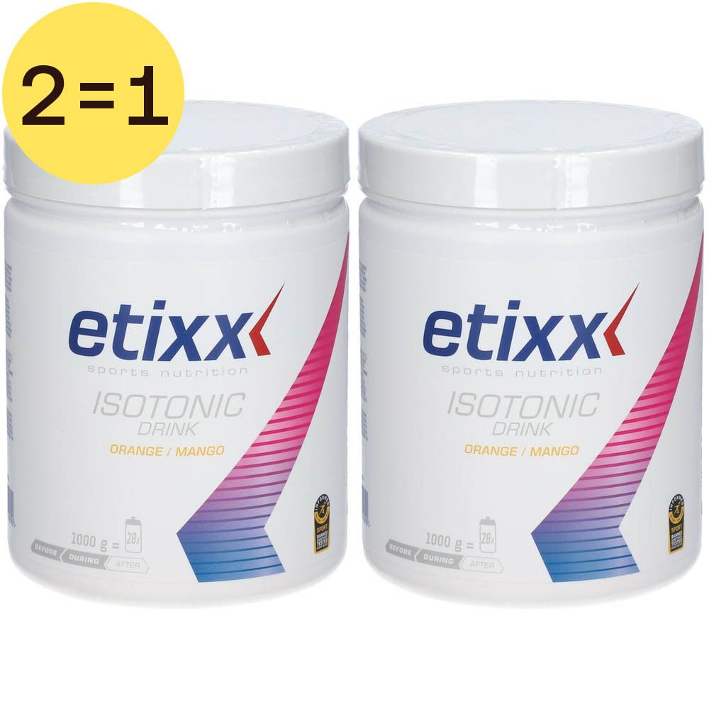Zwei weiße Behälter Etixx Isotonic Drink Orange/Mango. Gelber Kreis mit "1+1".