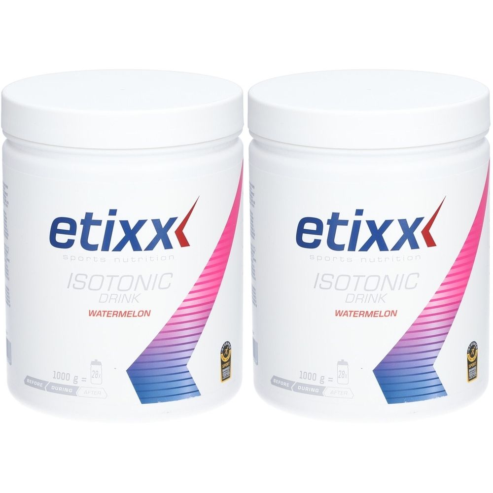 Deux pots blancs avec couvercles. Inscription: etixx ISOTONIC DRINK Watermelon. Graphique rose et bleu. 1000 g.