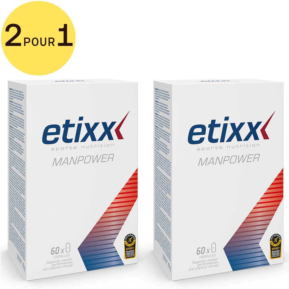 Deux boîtes Etixx Manpower avec cercle jaune '2 pour 1'. Éléments de design bleus et rouges. Texte: Etixx, Manpower, 60x0.
