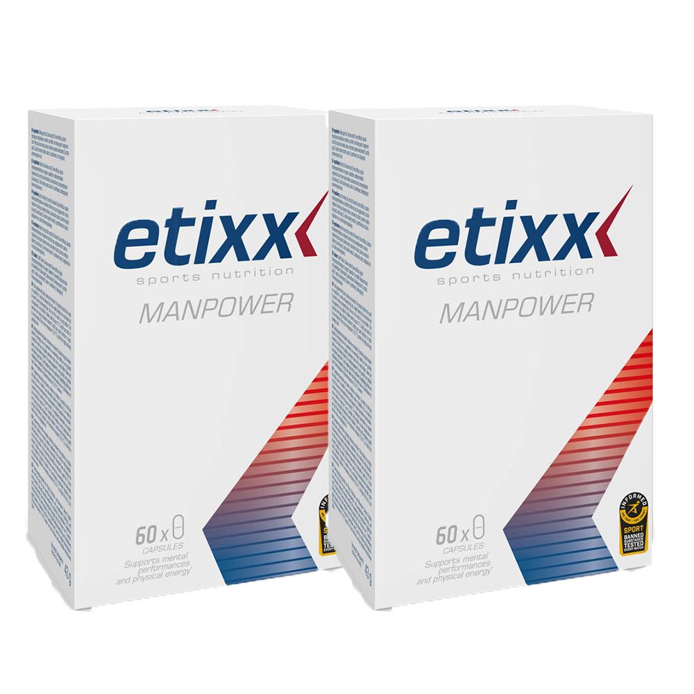 Deux boîtes blanches Etixx Manpower. Éléments de design bleus et rouges. Texte: Etixx, Manpower, 60x0, Sports Nutrition.