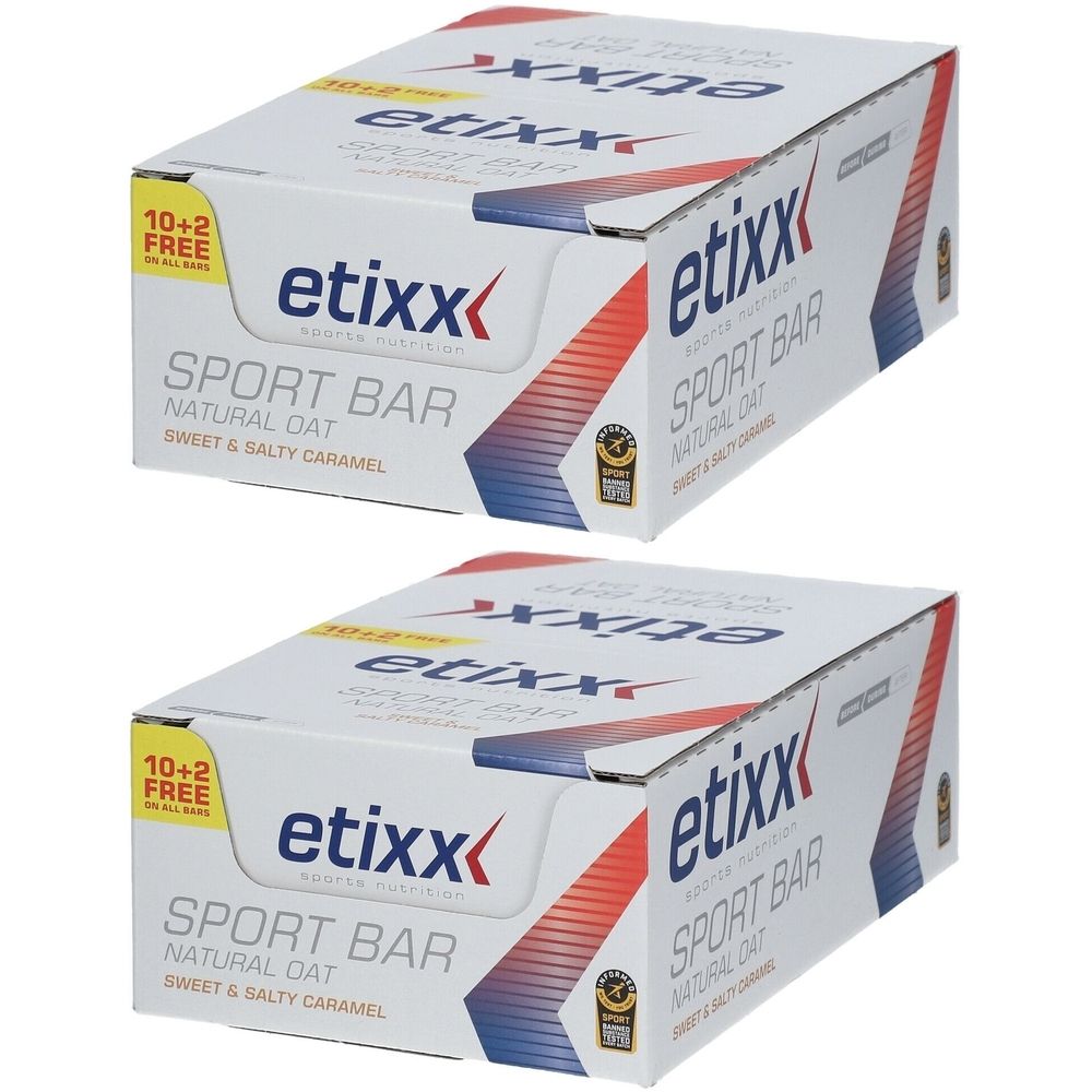 Deux boîtes de barres sportives etixx. Inscription: Natural Oat, Sweet & Salty Caramel. 10+2 gratuit. Logo et certification.