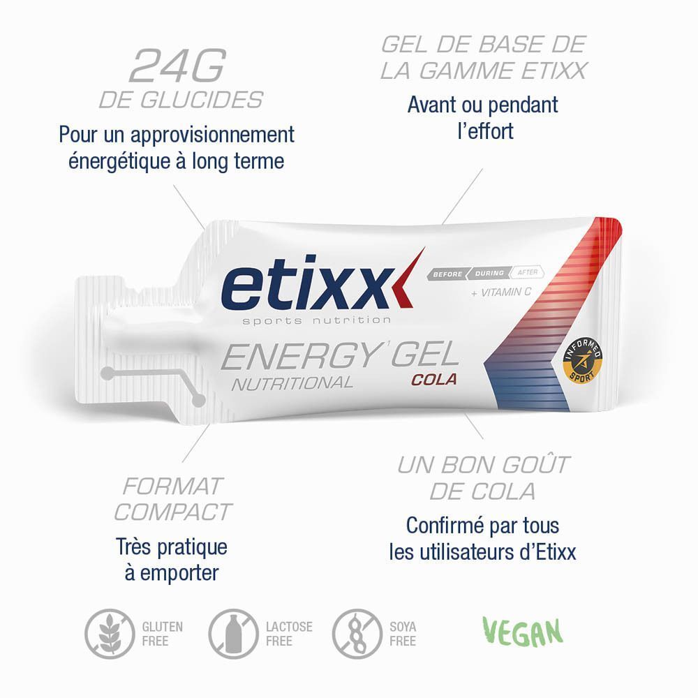 Sachet individuel d'Etixx Energy Gel Cola avec informations nutritionnelles et sceau "Informed Sport".