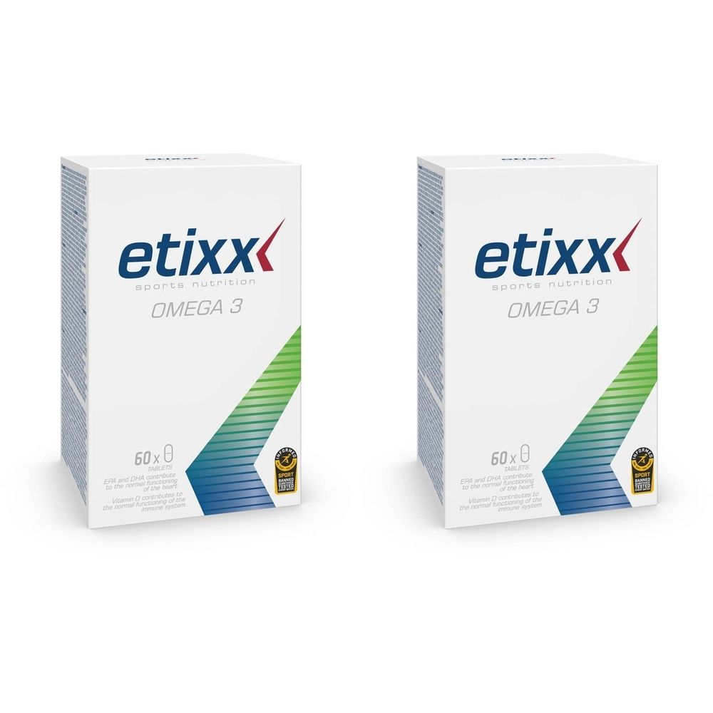Deux boîtes blanches "etixx OMEGA 3". Chaque boîte affiche 60 comprimés. Avec des bandes vertes et bleues.