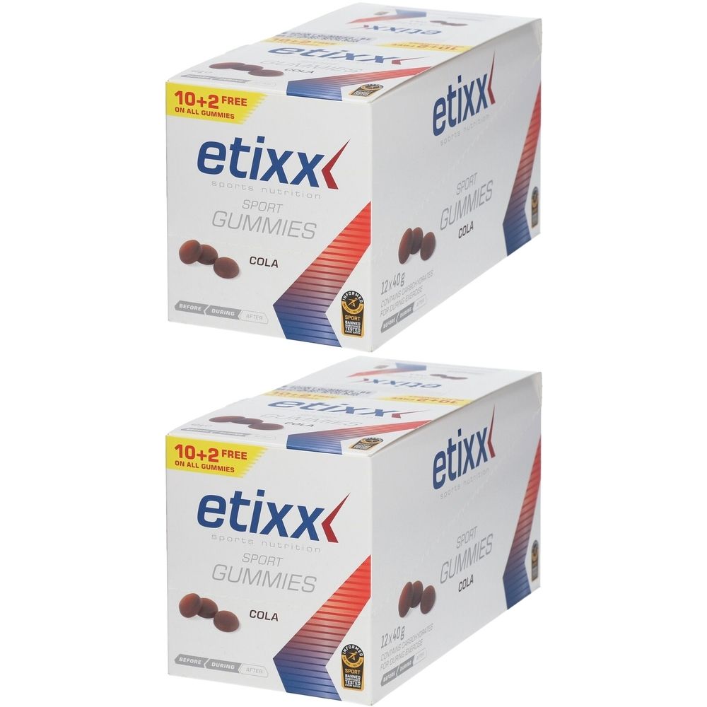 Deux boîtes de Sport Gummis etixx. Inscription : Sport Gummis, Cola. Inscription : 10+2 gratuits.