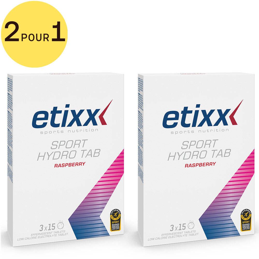 Deux boîtes Etixx Sport Hydro Tab Raspberry. Boîtes blanches avec design rose et informations produit. Inscription: Sport Hydro Tab Raspberry.