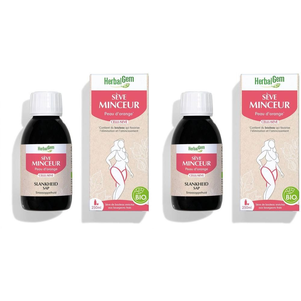 Drei Flaschen und Verpackungen. Aufschrift: HerbalGem Sève Minceur, Cellusève, Bio. Abbildung einer Frau.