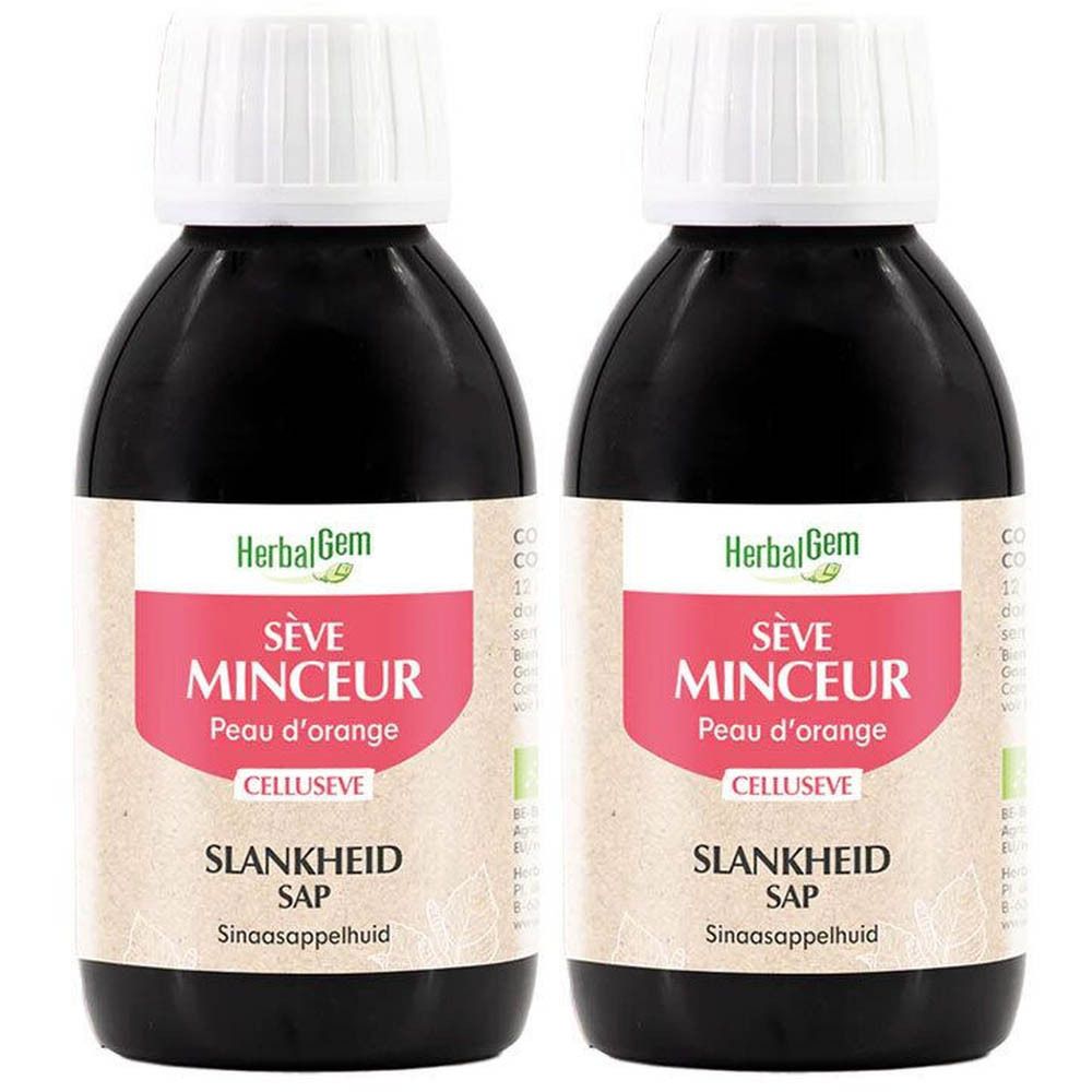 Deux flacons avec bouchon blanc. Inscription: HerbalGem Sève Minceur, Cellusève, Bio. Étiquette avec texte.