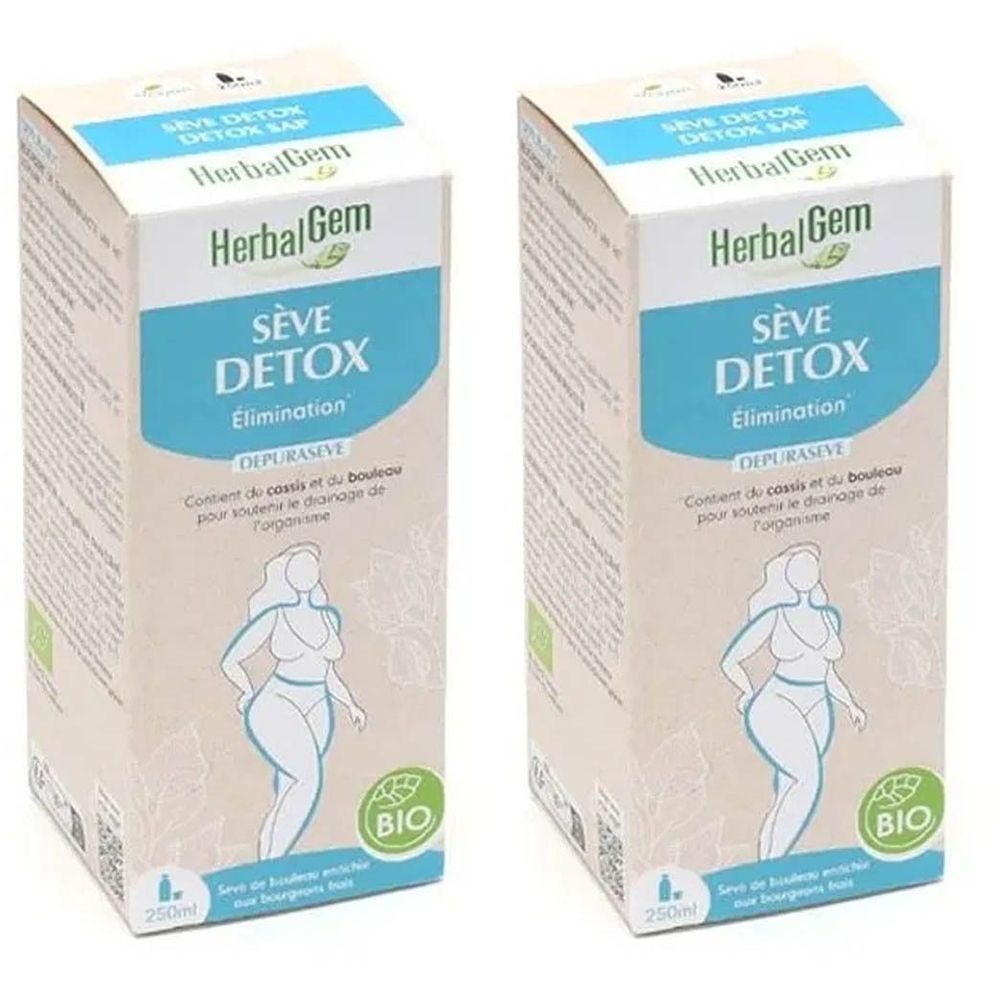 Zwei Kartons mit Produktaufdruck. Aufschrift: Sève Detox, HerbalGem. Bio-Zertifizierung. Abbildung einer Frau.