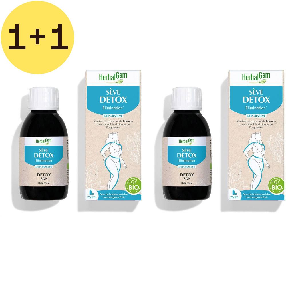 Trois flacons et trois boîtes. Inscription: Sève Detox, HerbalGem. Certification bio. Flacons avec bouchon blanc.