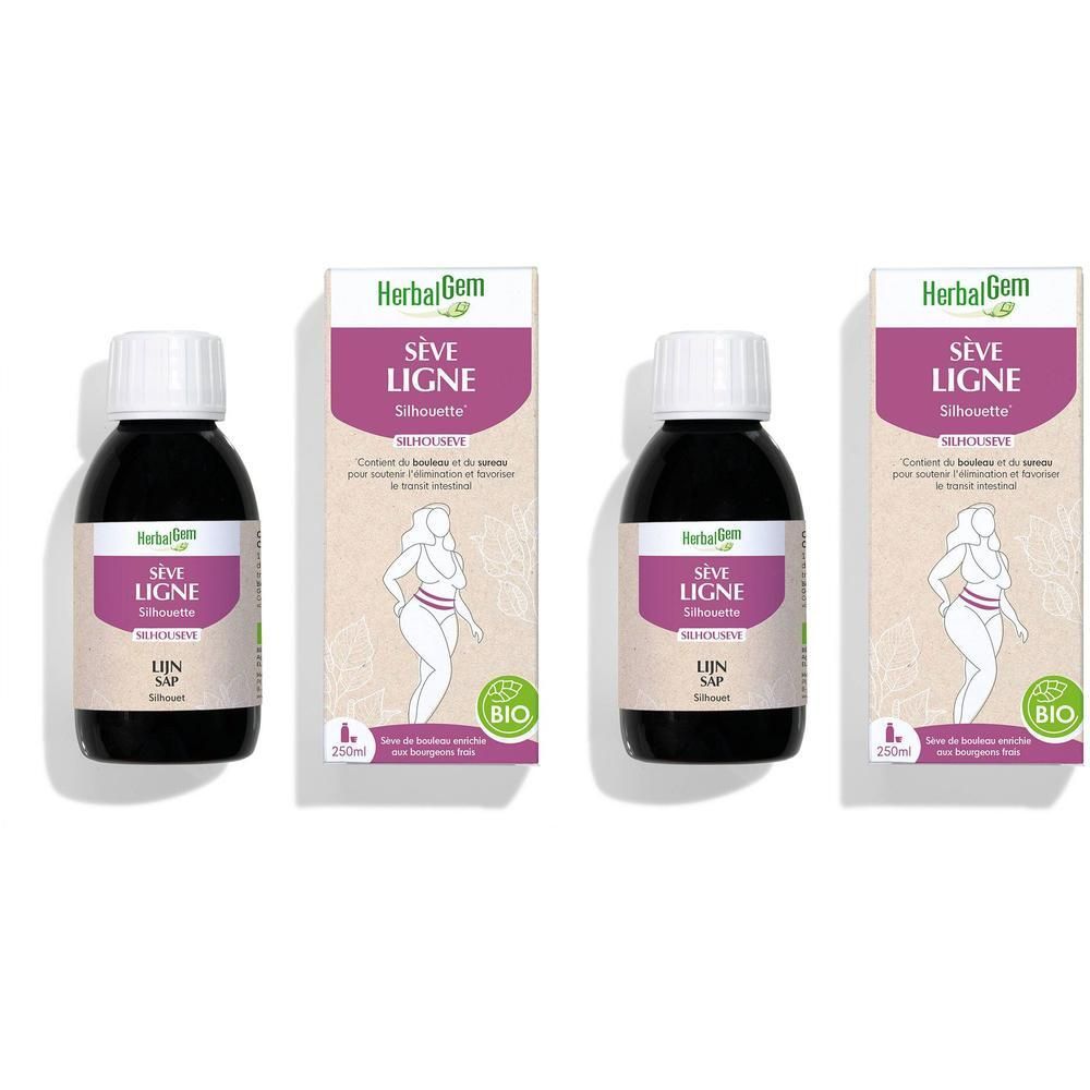 HerbalGem Sève Ligne Silhouette. Flaschen und Verpackungen. Bio-Zertifizierung. 250ml Flaschen mit weißem Deckel.