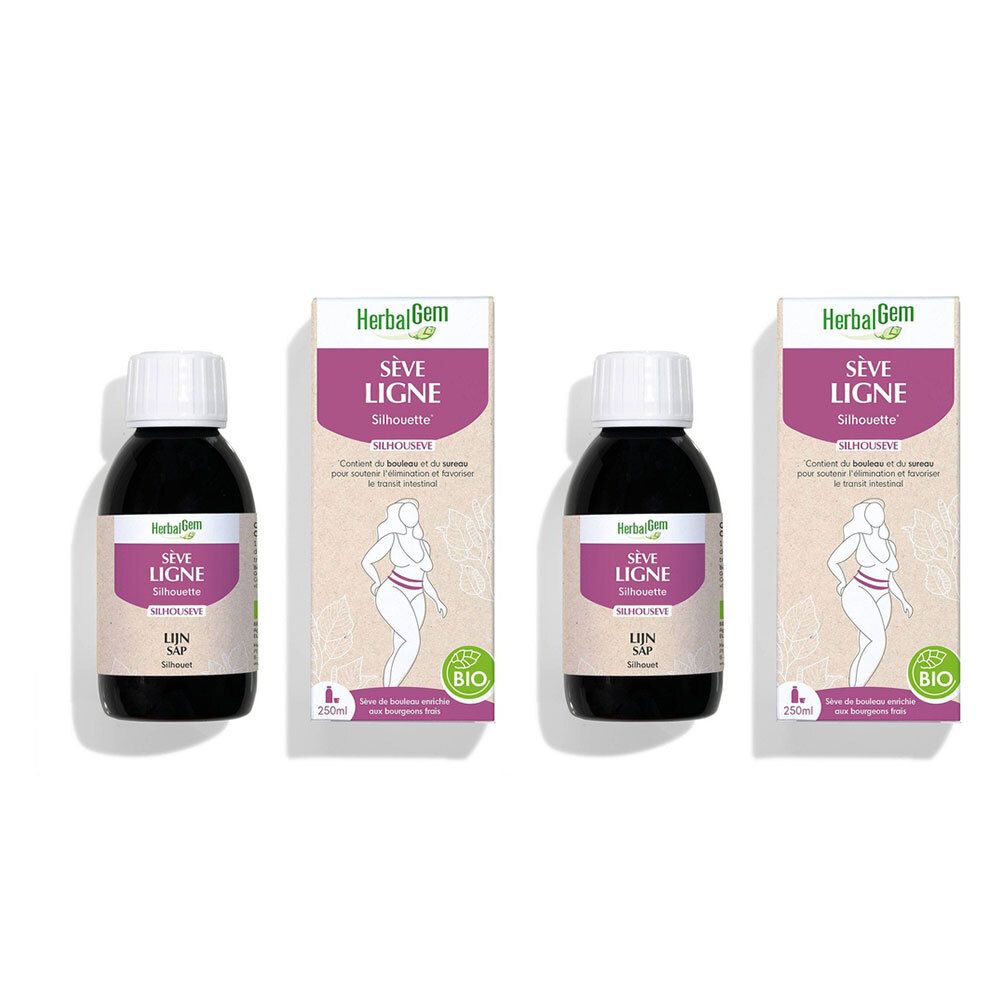 HerbalGem Sève Ligne Silhouette. Flacons et emballages. Certification Bio. Flacons de 250ml avec bouchon blanc.
