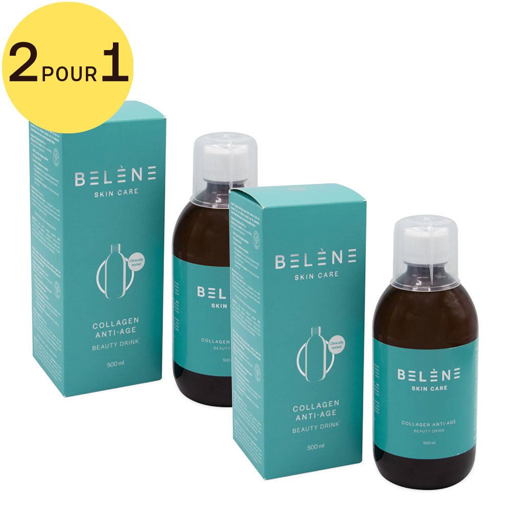 Belène Skin Care Collagen Anti-Age Beauty Drink, deux bouteilles et deux boîtes. Emballage turquoise, autocollant jaune '2 pour 1'.