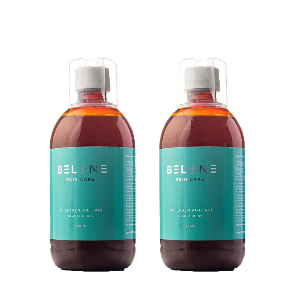 Zwei Flaschen Belène Skin Care Collagen Anti-Age Beauty Drink. Klare Flüssigkeit, weißer Deckel, türkisfarbenes Etikett.