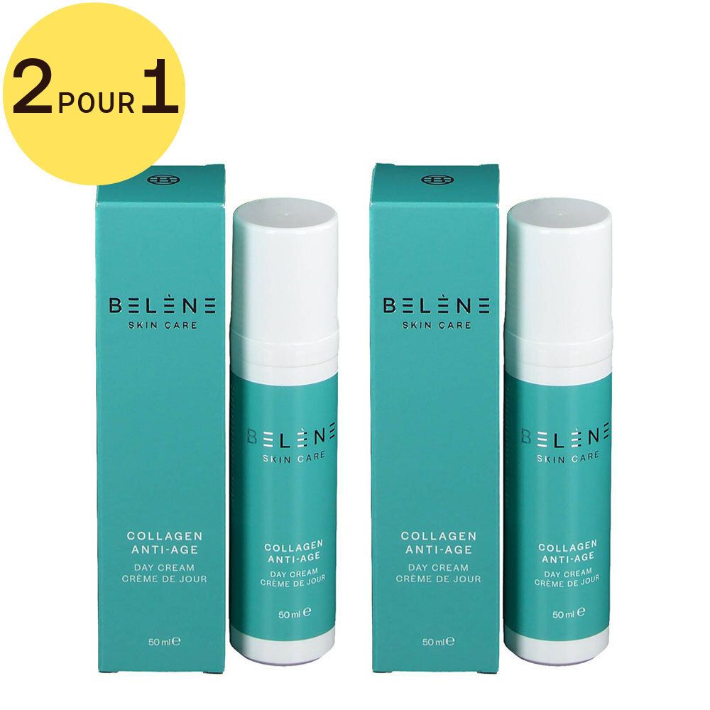 Deux flacons et deux boîtes. Inscription : BELENE SKIN CARE, COLLAGEN ANTI-AGE, Day Cream, Crème de Jour. Cercle jaune : 2 POUR 1.