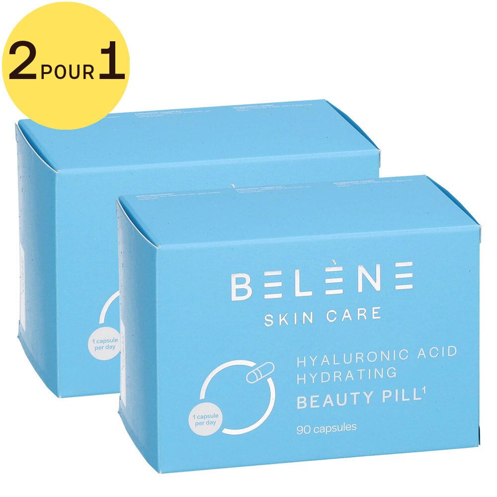 Deux boîtes bleu clair avec texte blanc. Inscription : Belène Skin Care, Hyaluronic Acid Hydrating Beauty Pill, 90 capsules. Cercle jaune avec 2 pour 1.