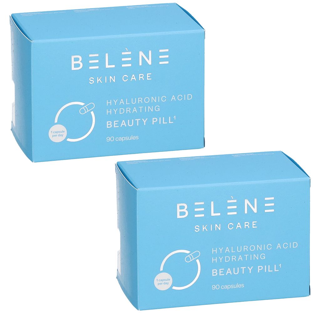Deux boîtes bleu clair avec texte blanc. Inscription : Belène Skin Care, Hyaluronic Acid Hydrating Beauty Pill, 90 capsules.