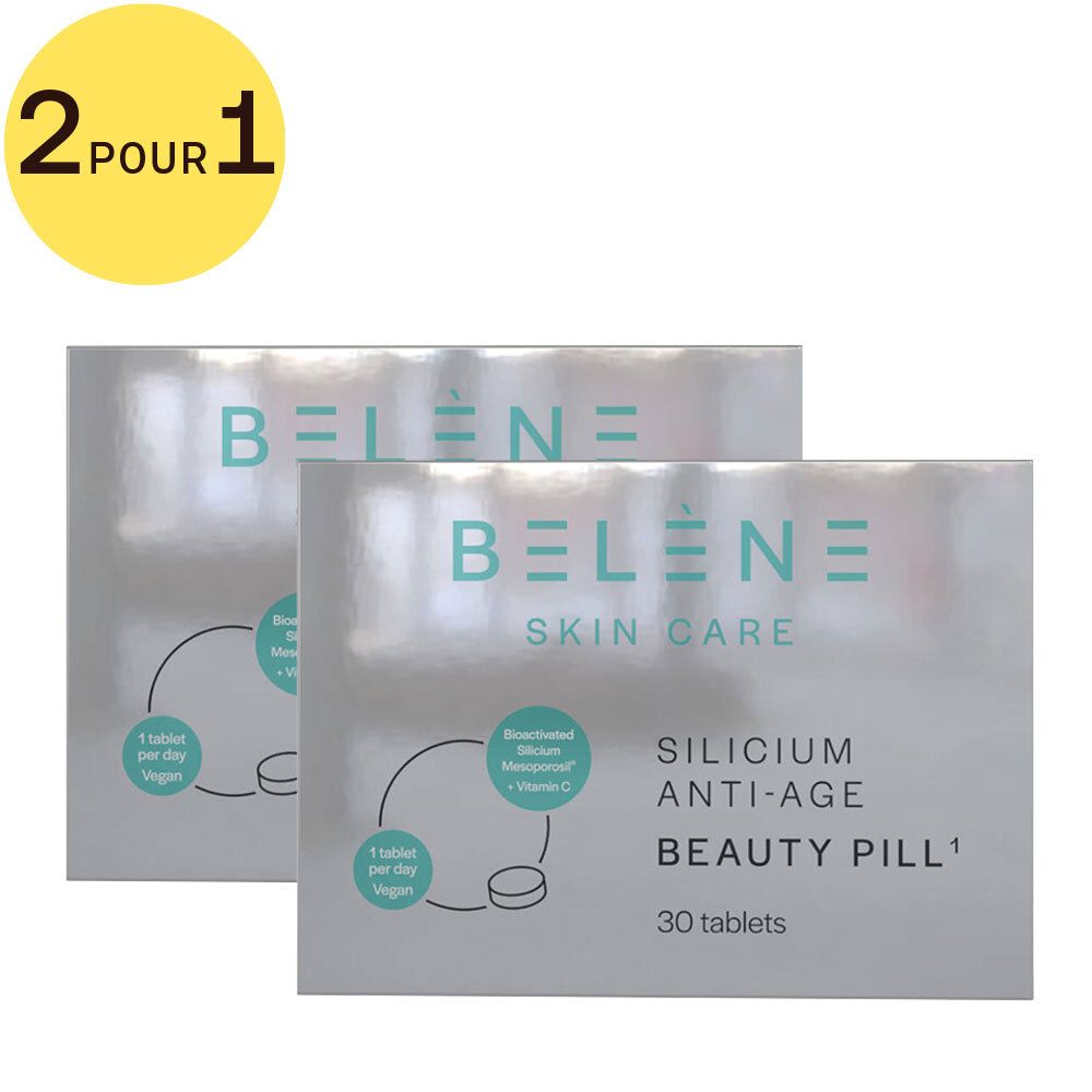 Deux boîtes de Belène Silicium Anti-Âge Beauty Pill. Inscription : 30 comprimés. Emballage turquoise et blanc avec informations.