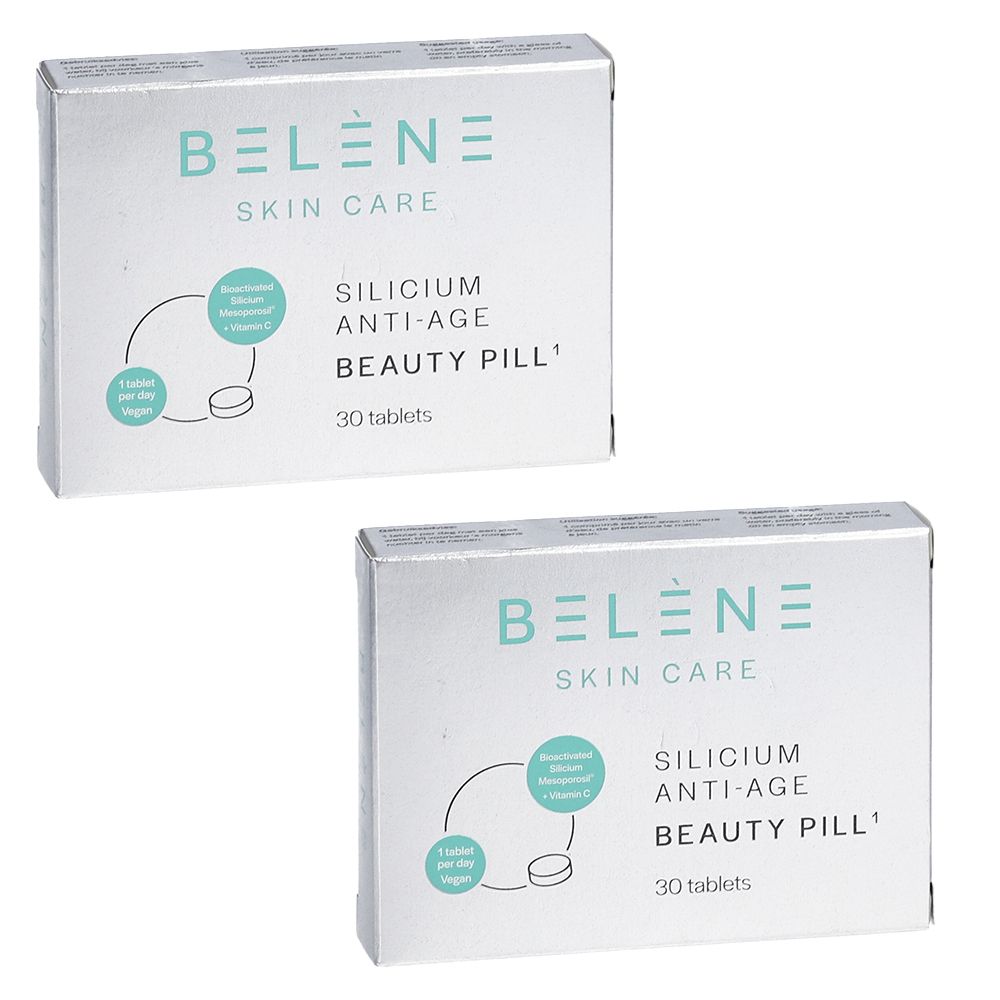 Zwei Schachteln Belène Silicium Anti-Age Beauty Pill. Aufschrift: 30 Tabletten. Türkis-weiße Verpackung mit Produktinformationen.