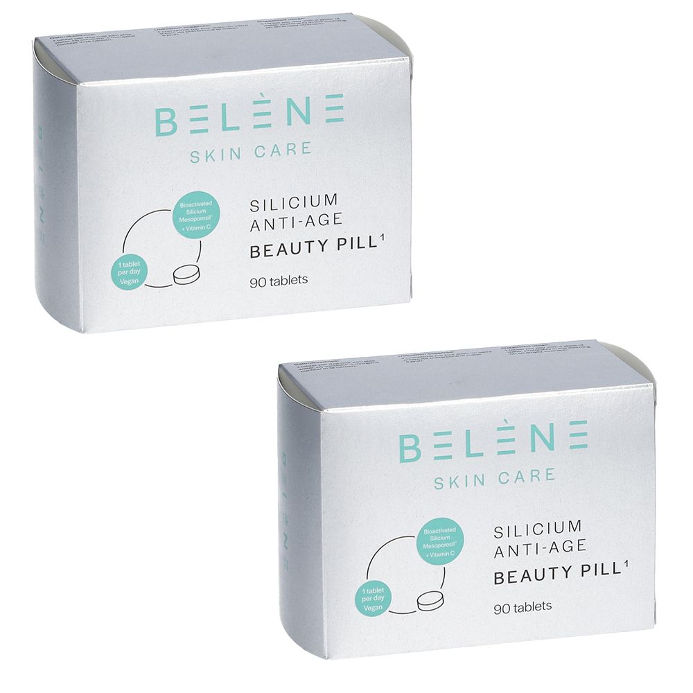 Zwei Schachteln Belène Skin Care Silicium Anti-Age Beauty Pill. Jede Schachtel enthält 90 Tabletten. Vegan.