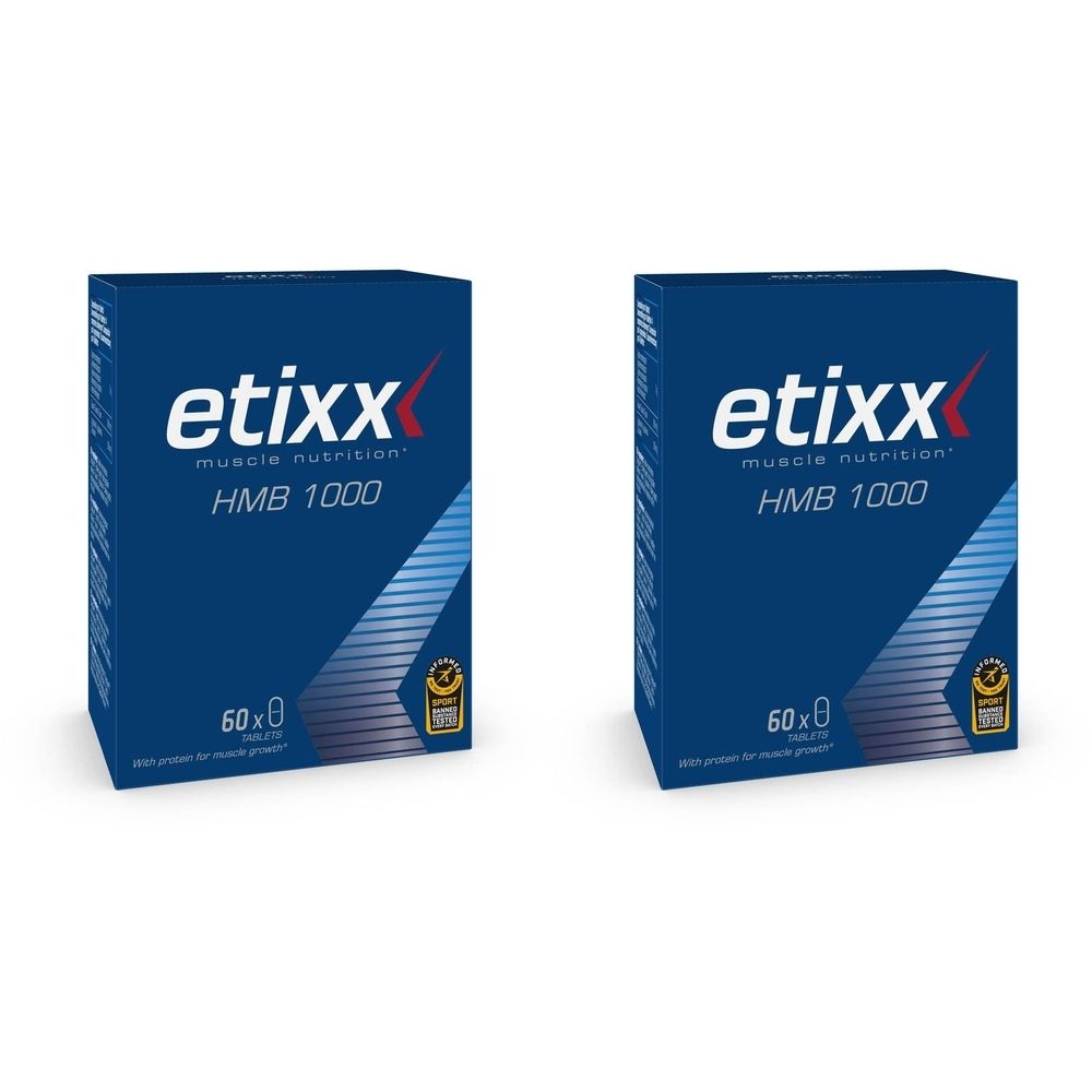 Zwei blaue Etixx-Verpackungen mit weißer Schrift. Aufschrift: Etixx HMB 1000, 60x0 Tabletten. Mit Qualitätszeichen.
