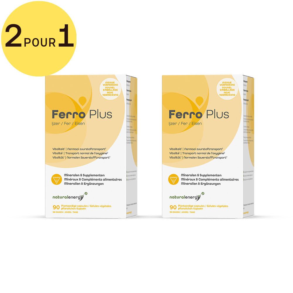 Deux boîtes blanches avec des accents jaunes. Inscription Ferro Plus, Natural Energy. Contient 90 gélules. Texte en allemand, français, néerlandais. Cercle jaune avec 2 POUR 1.