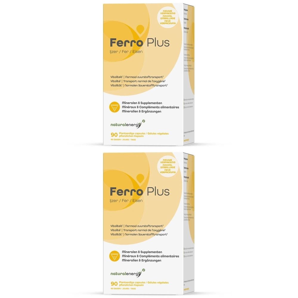 Zwei weiße Kartons mit gelben Akzenten. Aufschrift Ferro Plus, Natural Energy. Enthält 90 Kapseln. Text in Deutsch, Französisch, Niederländisch.