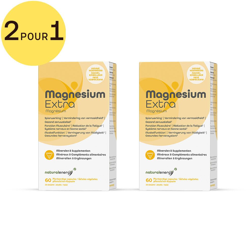 Deux boîtes de Magnesium Extra avec cercle jaune '2 pour 1'. Boîtes blanches avec accents jaunes. Inscription: Magnesium Extra, Natural Energy.