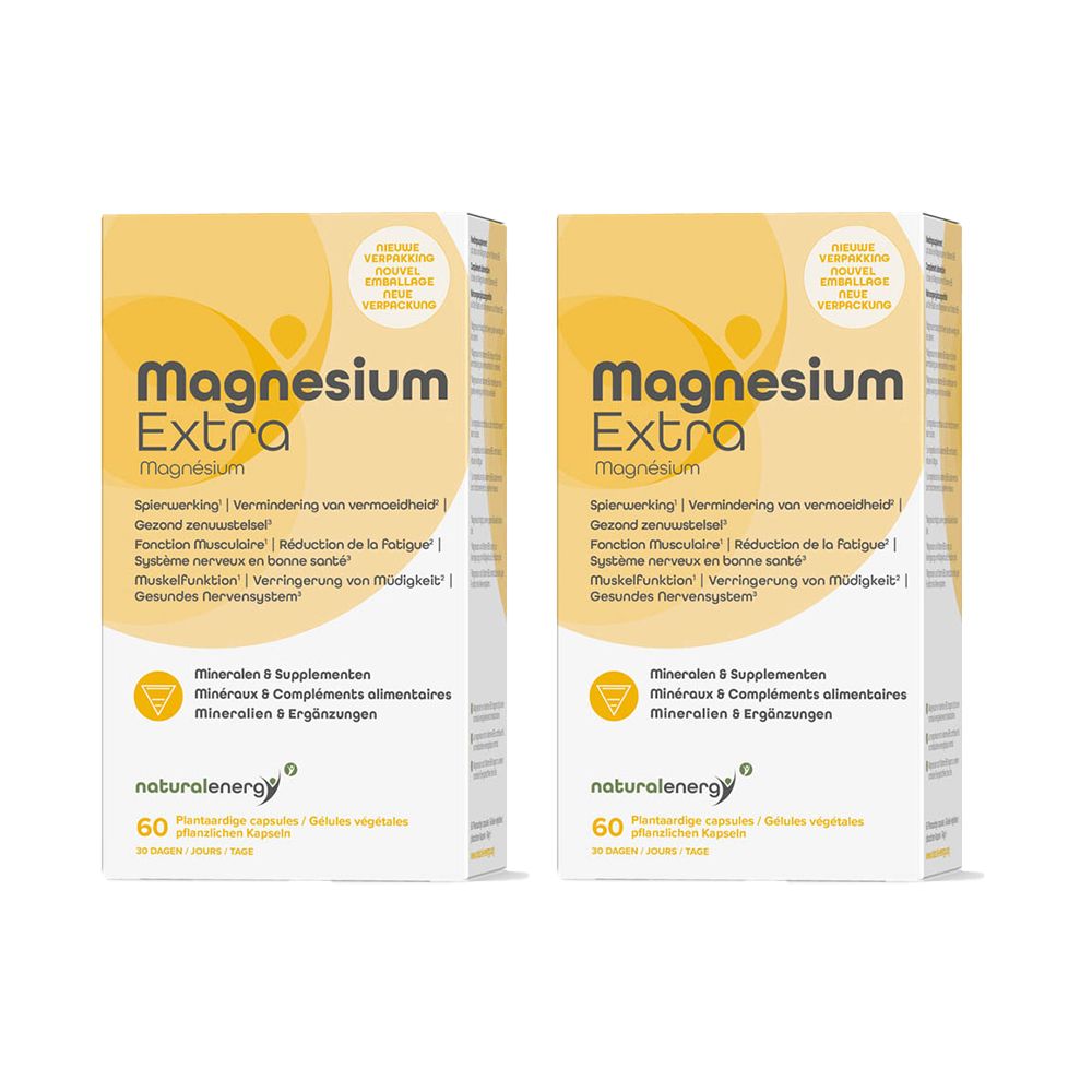 Deux boîtes de Magnesium Extra. Boîtes blanches avec accents jaunes. Inscription: Magnesium Extra, Natural Energy. 60 capsules.