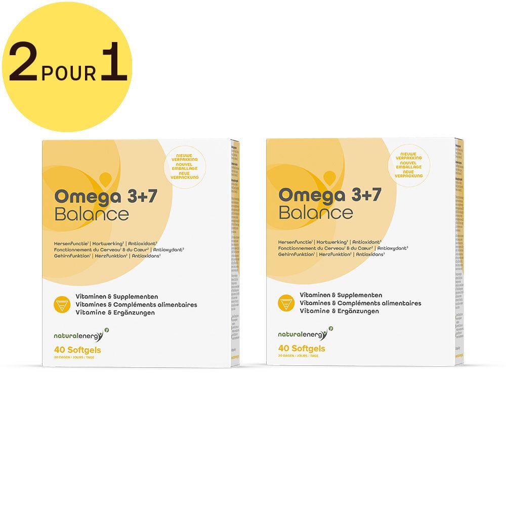 Deux boîtes Omega 3+7 Balance avec autocollant '2 pour 1'. Inscription: 'Natural Energy', '40 gélules'.