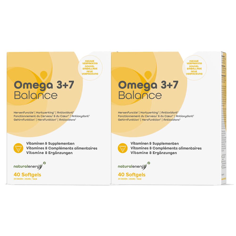 Deux boîtes Omega 3+7 Balance. Inscription: 'Natural Energy', '40 gélules'. Emballage jaune et blanc.