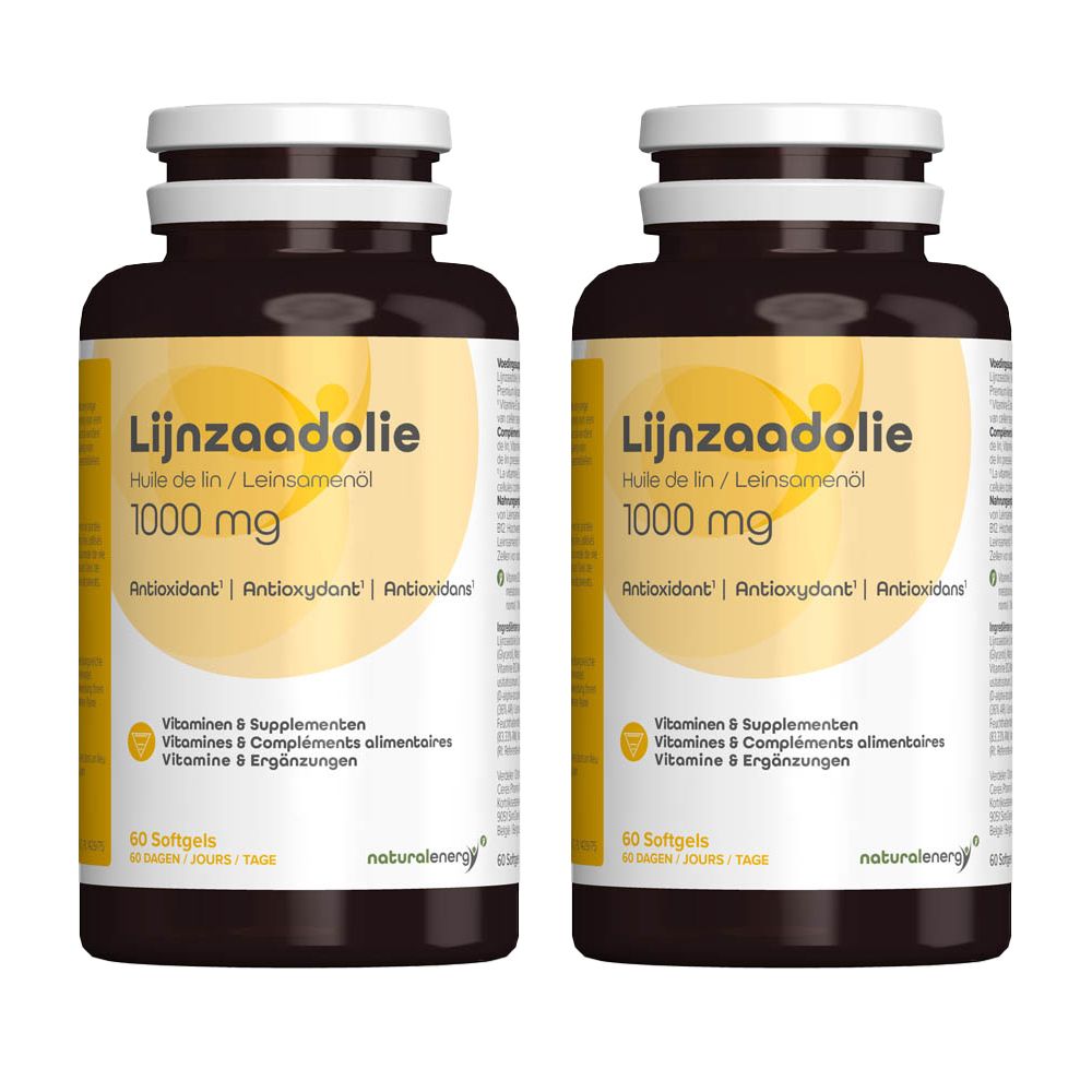 Zwei braune Flaschen mit gelben Etiketten. Aufschrift: Lijnzaadolie 1000 mg. Enthält 60 Softgels. Marke: natural energy.