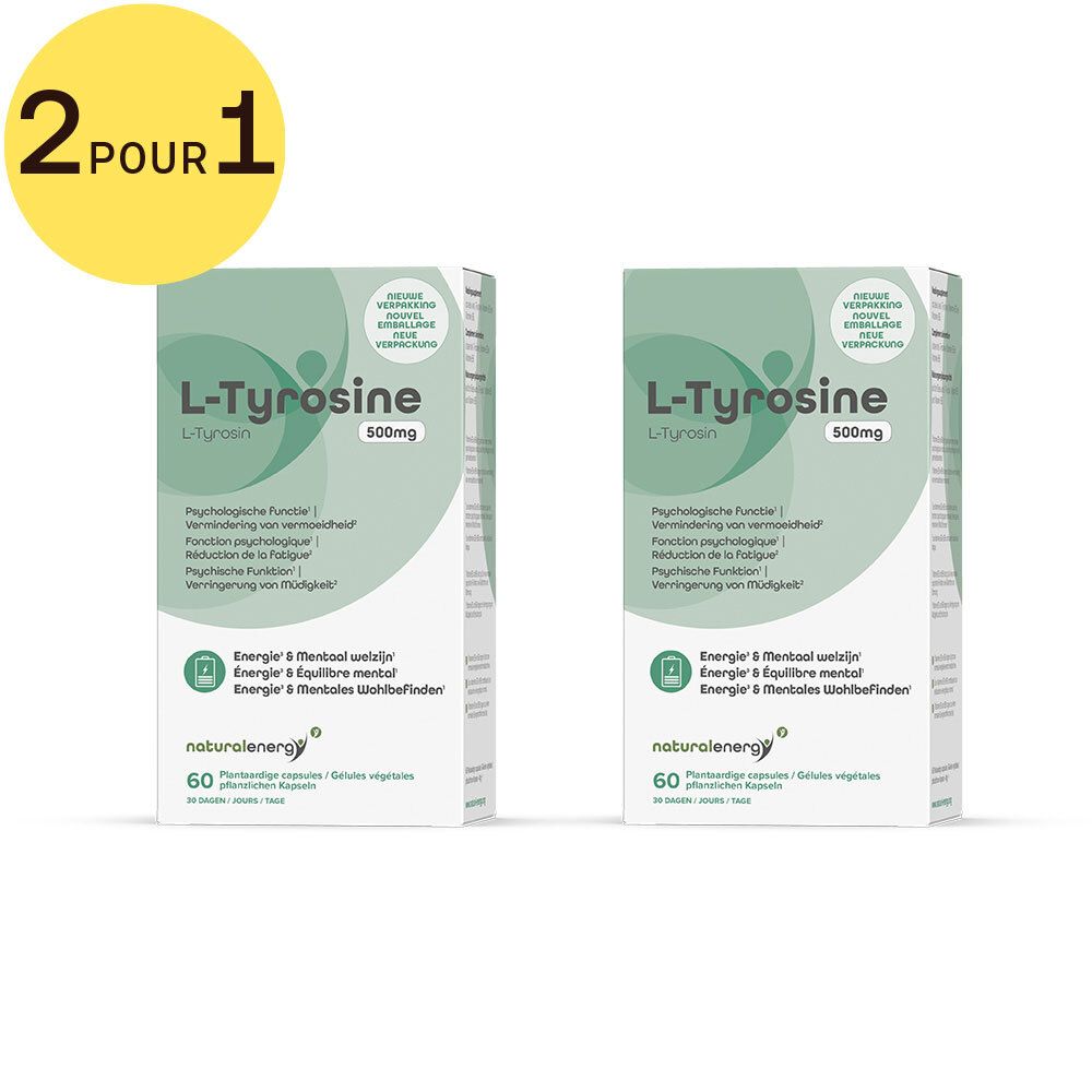 Deux boîtes vertes avec texte blanc. "L-Tyrosine 500mg" en haut. Texte multilingue en dessous. En haut à gauche: "2 POUR 1".